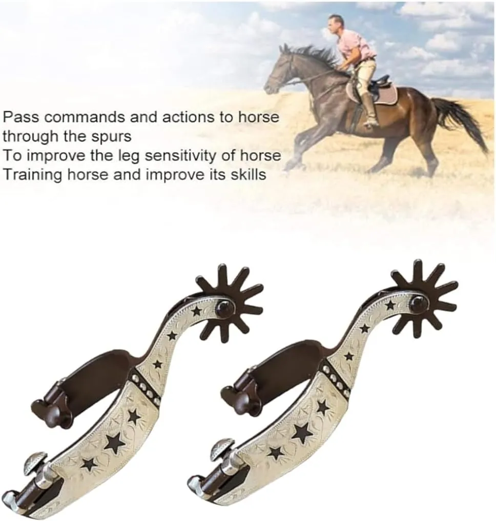 1 Pair Western Bronze Low Carbon Steel Spurs,Paired with Cowhide Holes Spurs Belt, Hand Carved Silver Equestrian, Riding Competition Spurss-MP1229-07