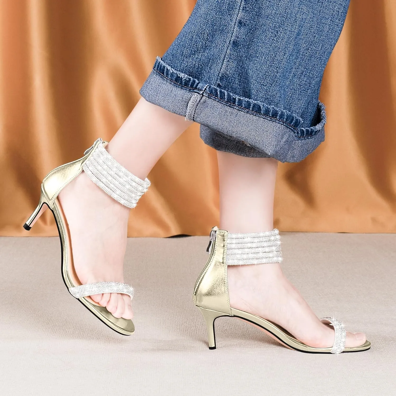 100FIXEO Rhinestone Embellishment Stiletto Heels Sandals Open Toe Ankle Strap Wedding Dress Shoes