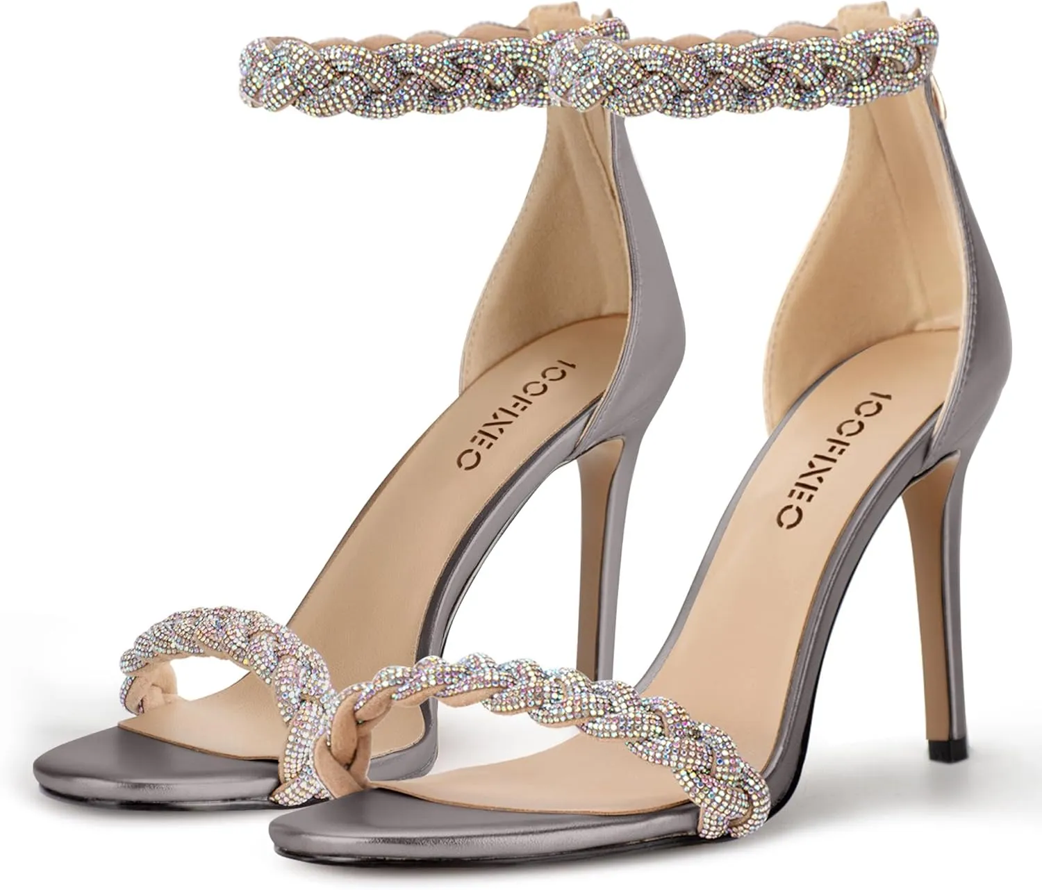 100FIXEO Women's Rhinestone Open Toe Stiletto Heeled Sandals Elegant Ankle Strap Wedding High Heels Sexy Dressy Shoes