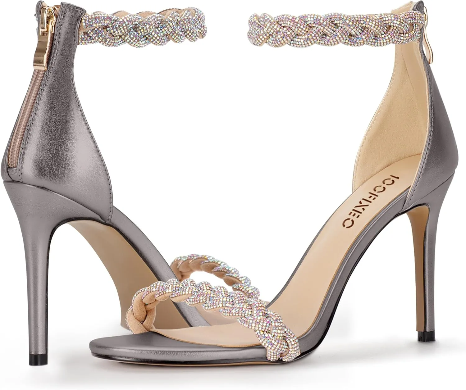 100FIXEO Women's Rhinestone Open Toe Stiletto Heeled Sandals Elegant Ankle Strap Wedding High Heels Sexy Dressy Shoes