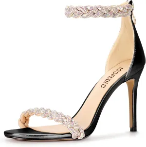 100FIXEO Women's Rhinestone Open Toe Stiletto Heeled Sandals Elegant Ankle Strap Wedding High Heels Sexy Dressy Shoes