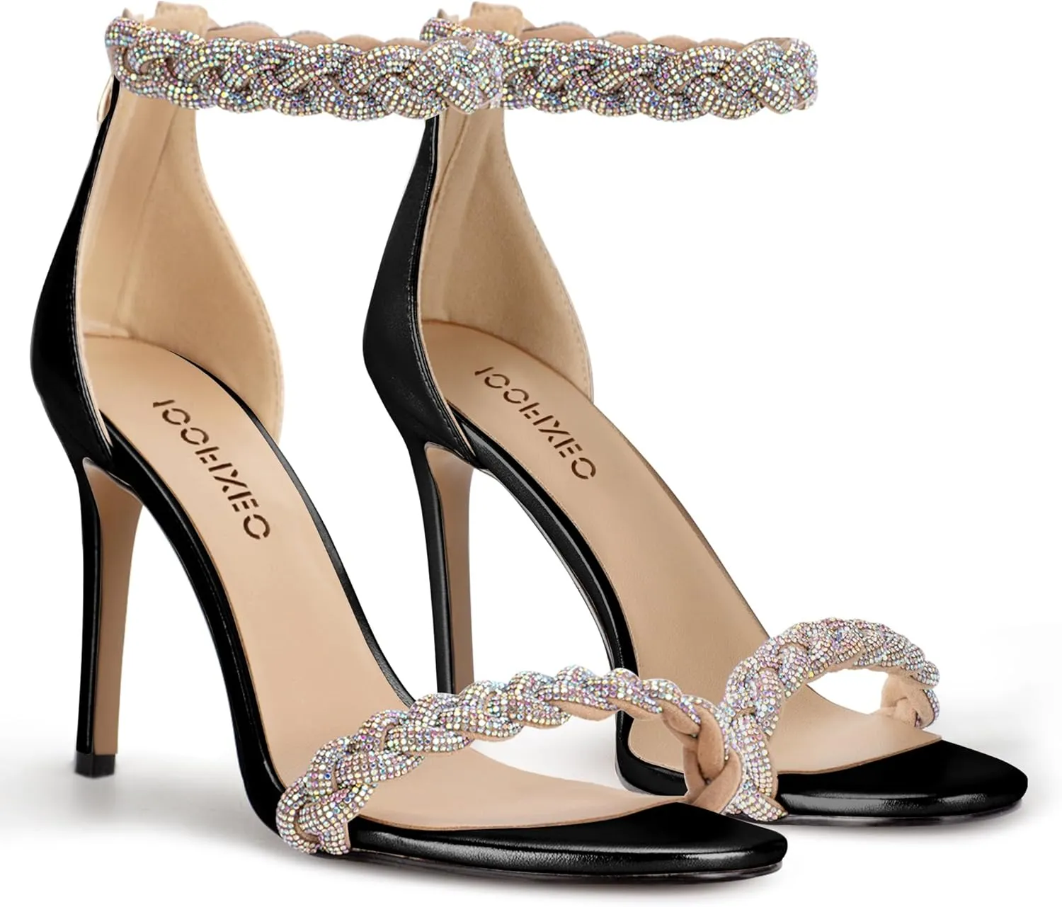 100FIXEO Women's Rhinestone Open Toe Stiletto Heeled Sandals Elegant Ankle Strap Wedding High Heels Sexy Dressy Shoes