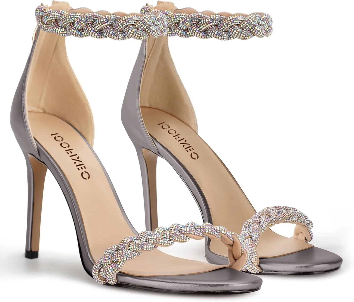100FIXEO Women's Rhinestone Open Toe Stiletto Heeled Sandals Elegant Ankle Strap Wedding High Heels Sexy Dressy Shoes