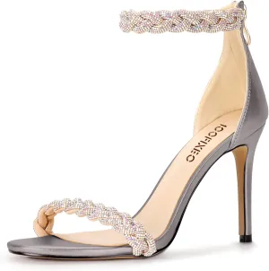 100FIXEO Women's Rhinestone Open Toe Stiletto Heeled Sandals Elegant Ankle Strap Wedding High Heels Sexy Dressy Shoes