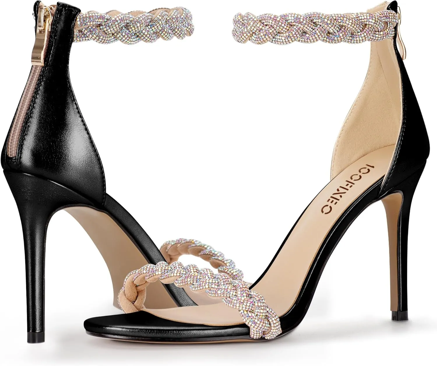 100FIXEO Women's Rhinestone Open Toe Stiletto Heeled Sandals Elegant Ankle Strap Wedding High Heels Sexy Dressy Shoes
