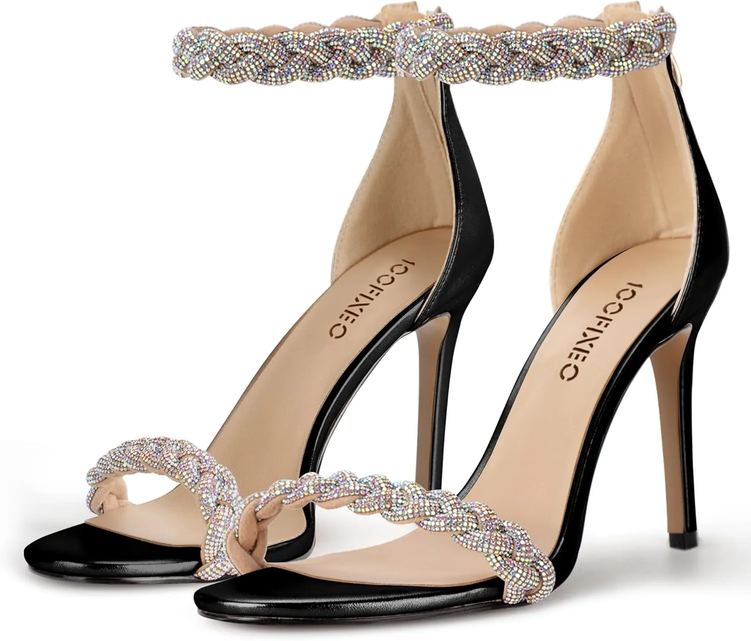 100FIXEO Women's Rhinestone Open Toe Stiletto Heeled Sandals Elegant Ankle Strap Wedding High Heels Sexy Dressy Shoes
