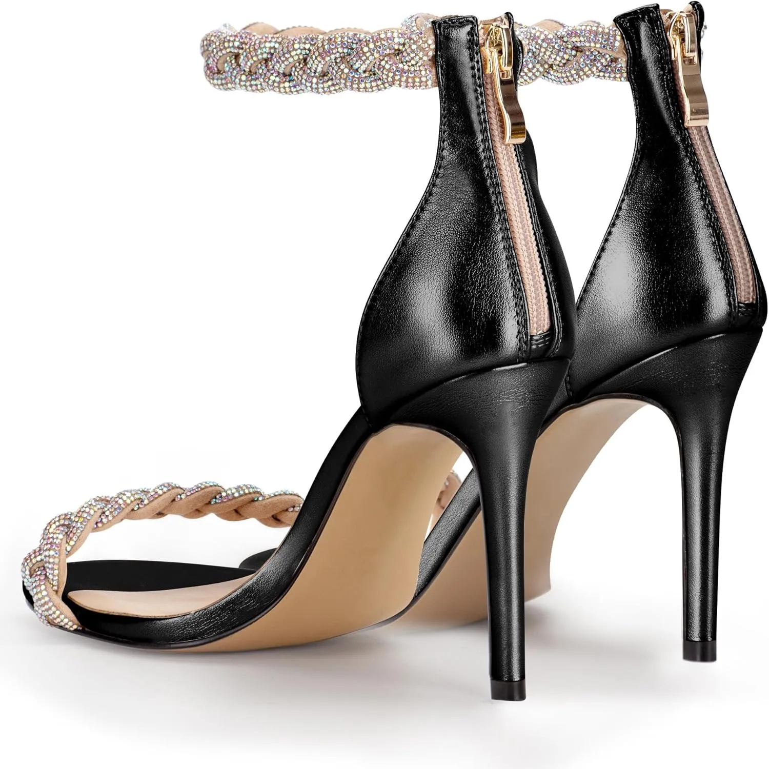 100FIXEO Women's Rhinestone Open Toe Stiletto Heeled Sandals Elegant Ankle Strap Wedding High Heels Sexy Dressy Shoes