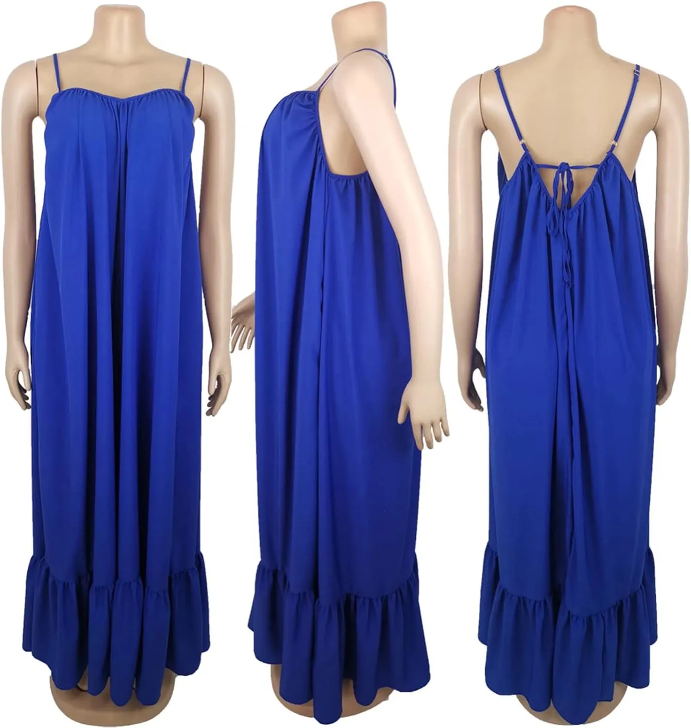 Adogirl Women's Sexy Spaghetti Strap Sleeveless Ruched Ruffle Hem Bandage Oversized Beach Loose Long Maxi Swing Dress