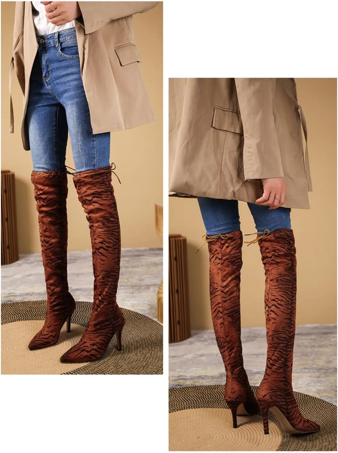 Aflngle Women's Over The Knee Thigh High Boots Fashion Pointed Toe Stretch Suede Stiletto High Heel Long Boots