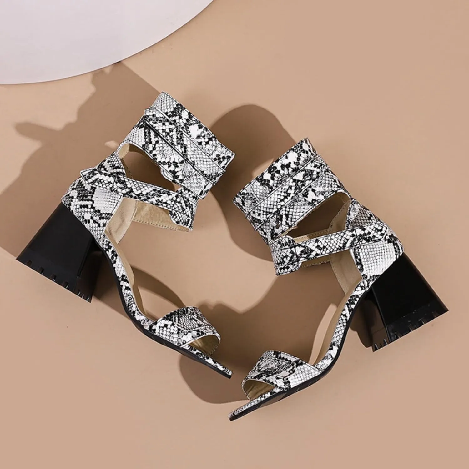 Aflngle Women's Snakeskin Printed Chunky Heel Block Open Toe Sandals Fashion Snake Print Adjustable Ankle Strap Evening Party Prom Dress Sandal Shoes