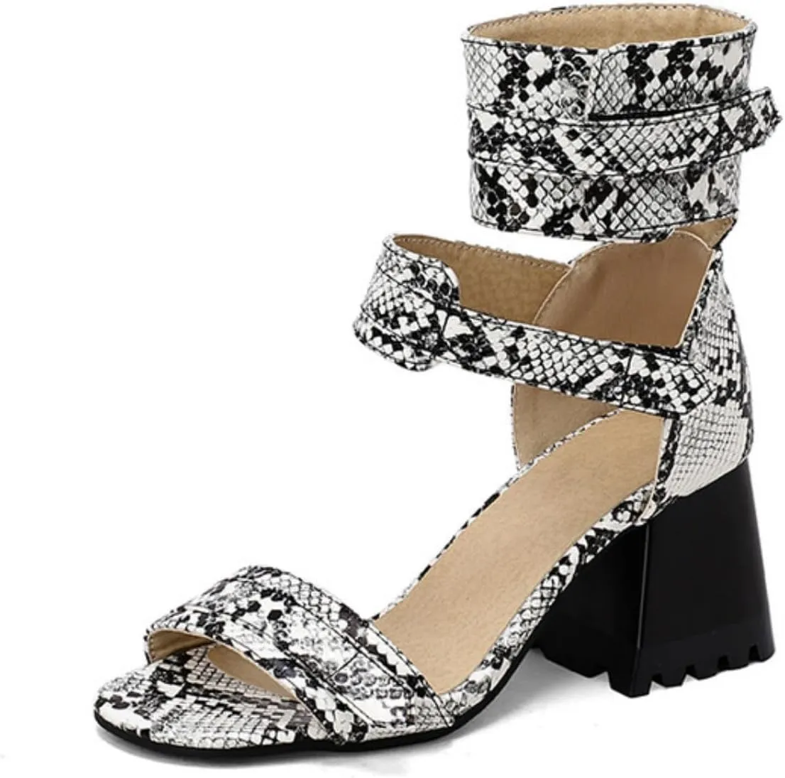 Aflngle Women's Snakeskin Printed Chunky Heel Block Open Toe Sandals Fashion Snake Print Adjustable Ankle Strap Evening Party Prom Dress Sandal Shoes