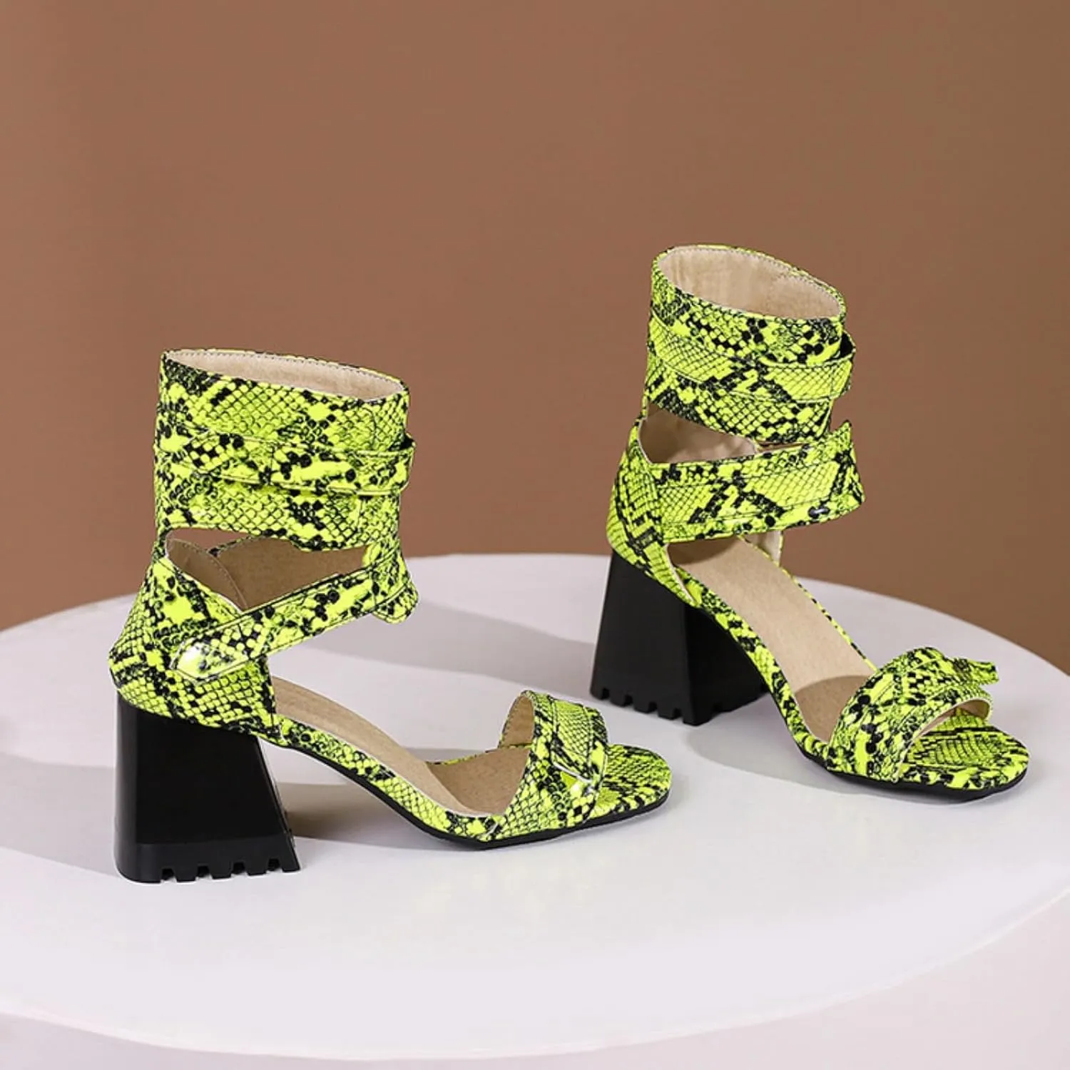 Aflngle Women's Snakeskin Printed Chunky Heel Block Open Toe Sandals Fashion Snake Print Adjustable Ankle Strap Evening Party Prom Dress Sandal Shoes
