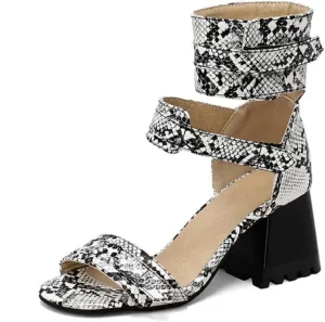 Aflngle Women's Snakeskin Printed Chunky Heel Block Open Toe Sandals Fashion Snake Print Adjustable Ankle Strap Evening Party Prom Dress Sandal Shoes