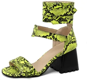Aflngle Women's Snakeskin Printed Chunky Heel Block Open Toe Sandals Fashion Snake Print Adjustable Ankle Strap Evening Party Prom Dress Sandal Shoes