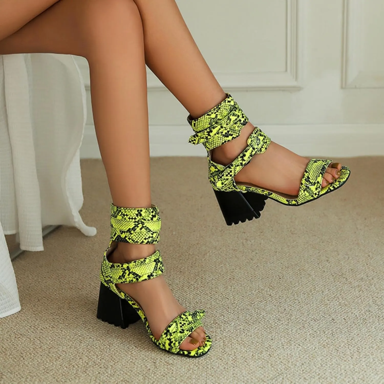 Aflngle Women's Snakeskin Printed Chunky Heel Block Open Toe Sandals Fashion Snake Print Adjustable Ankle Strap Evening Party Prom Dress Sandal Shoes