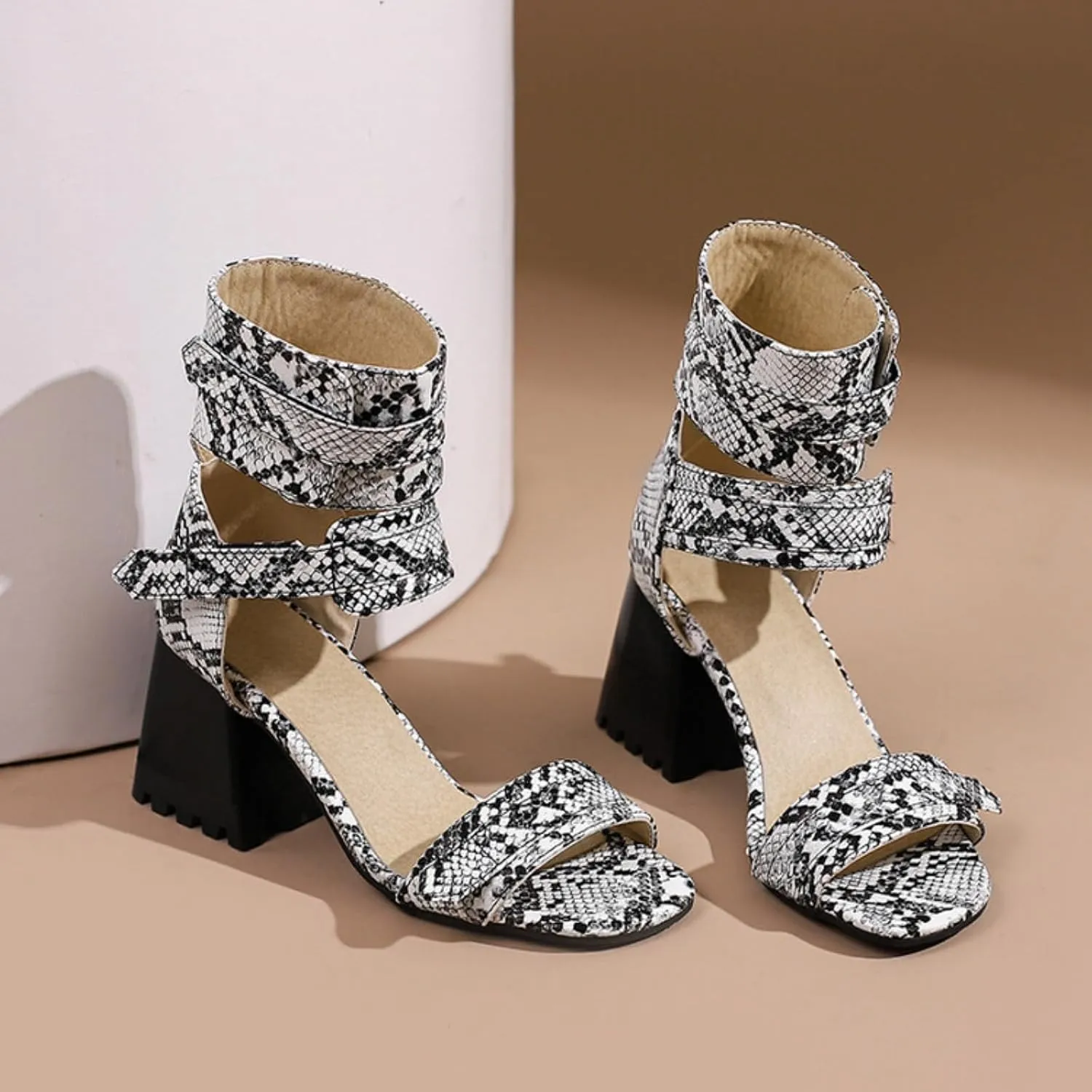 Aflngle Women's Snakeskin Printed Chunky Heel Block Open Toe Sandals Fashion Snake Print Adjustable Ankle Strap Evening Party Prom Dress Sandal Shoes