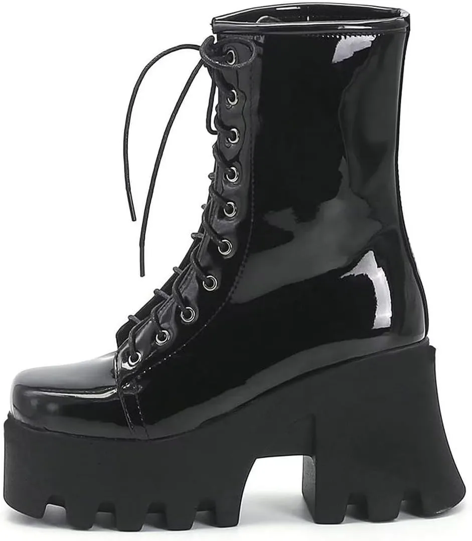 Agodor Women's Chunky High Heel Goth Platform Combat Boots Lace up Patent leather Gothic Boots