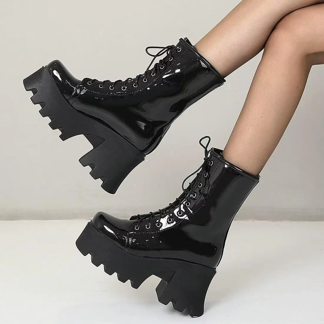 Agodor Women's Chunky High Heel Goth Platform Combat Boots Lace up Patent leather Gothic Boots