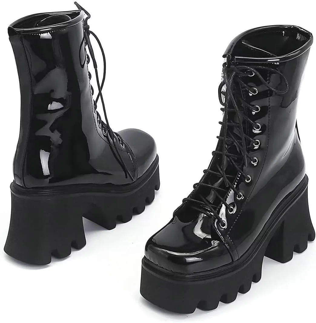 Agodor Women's Chunky High Heel Goth Platform Combat Boots Lace up Patent leather Gothic Boots