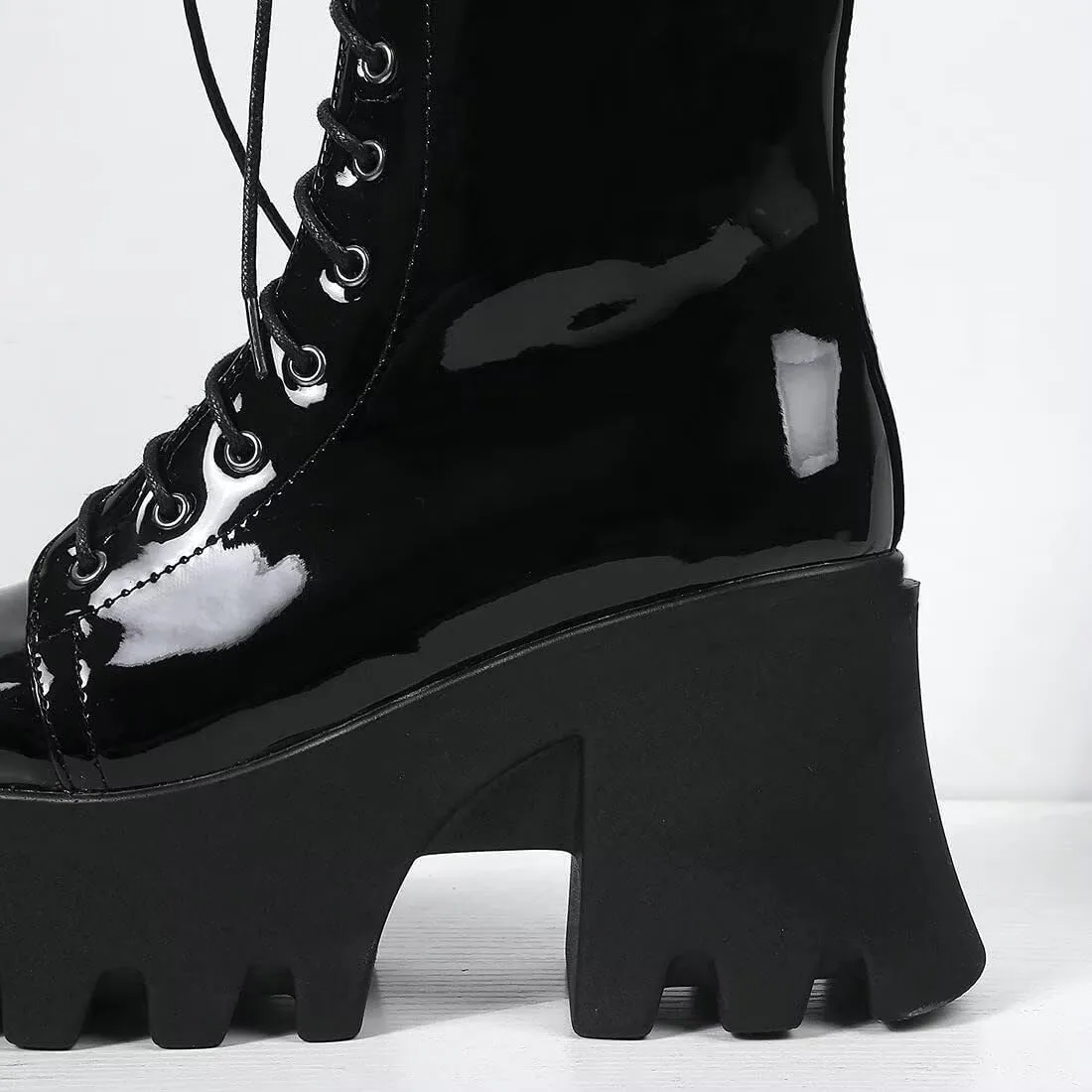Agodor Women's Chunky High Heel Goth Platform Combat Boots Lace up Patent leather Gothic Boots