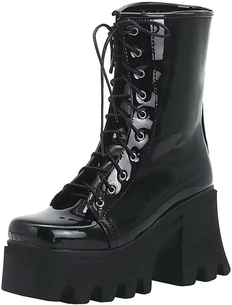 Agodor Women's Chunky High Heel Goth Platform Combat Boots Lace up Patent leather Gothic Boots