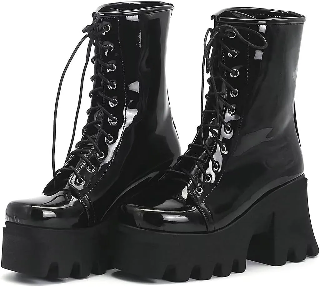 Agodor Women's Chunky High Heel Goth Platform Combat Boots Lace up Patent leather Gothic Boots
