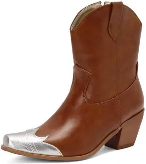 Agodor Women's Vintage Western Boots Cowgirl Ankle Booties Fashion Split Joint Square Toe, Chunky Block Heels with Side Zipper Short Cowboy Booties