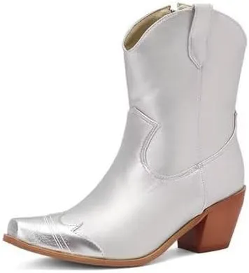 Agodor Women's Vintage Western Boots Cowgirl Ankle Booties Fashion Split Joint Square Toe, Chunky Block Heels with Side Zipper Short Cowboy Booties