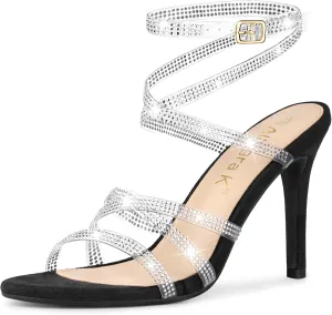 Allegra K Women's Elegant Rhinestone Clear Strap Strappy Stiletto Heels Sandals Over 3 Inch Evening Party Wedding Shoes
