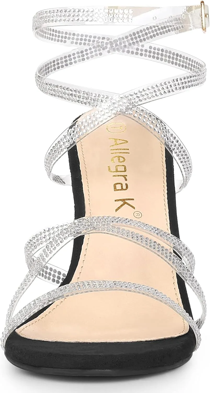 Allegra K Women's Elegant Rhinestone Clear Strap Strappy Stiletto Heels Sandals Over 3 Inch Evening Party Wedding Shoes