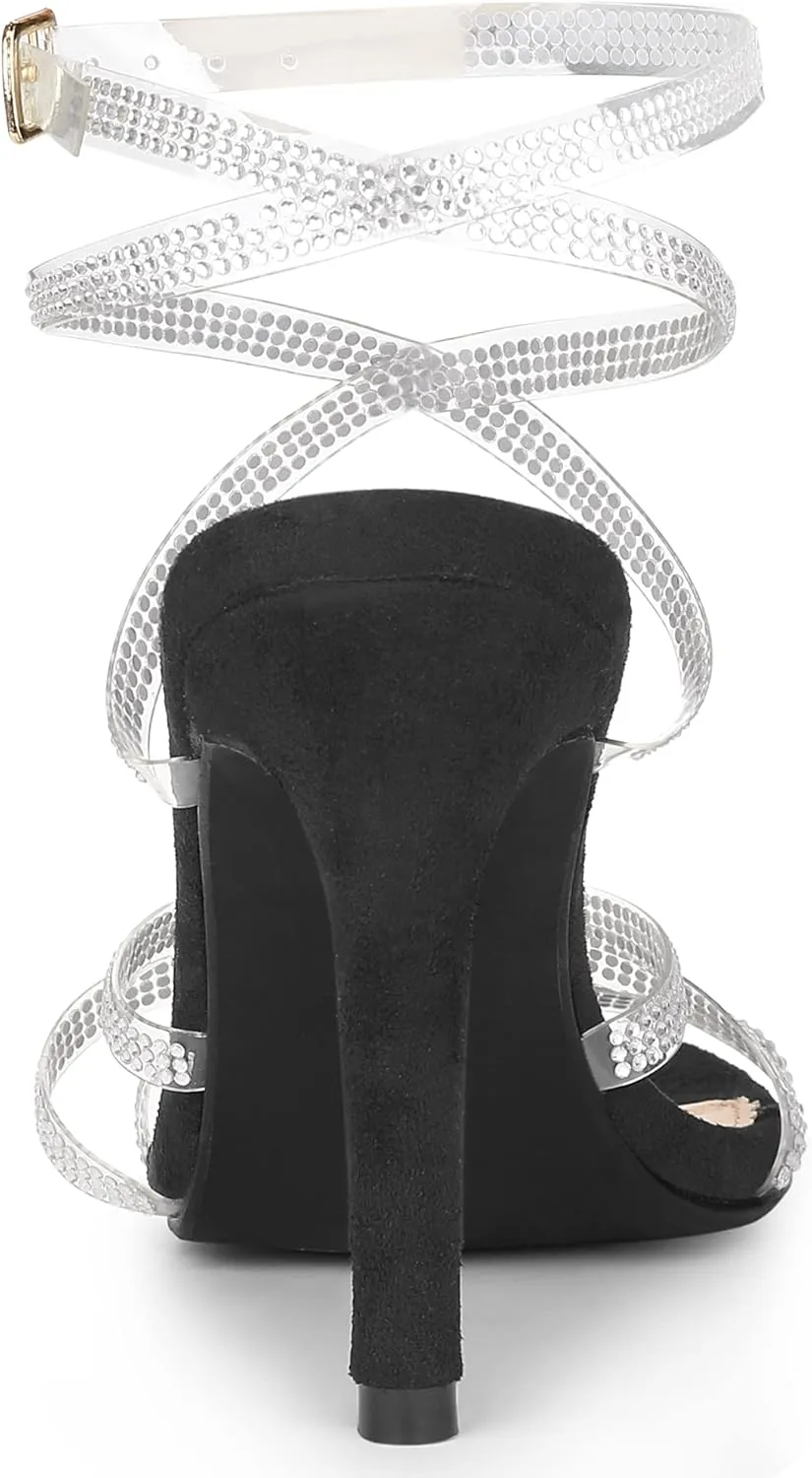 Allegra K Women's Elegant Rhinestone Clear Strap Strappy Stiletto Heels Sandals Over 3 Inch Evening Party Wedding Shoes