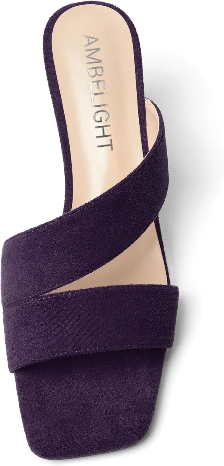 AMBELIGHT Womens Solid Slip On Suede Square Toe Indoor Fashion Chunky Low Heel Sandals 1.5 Inch
