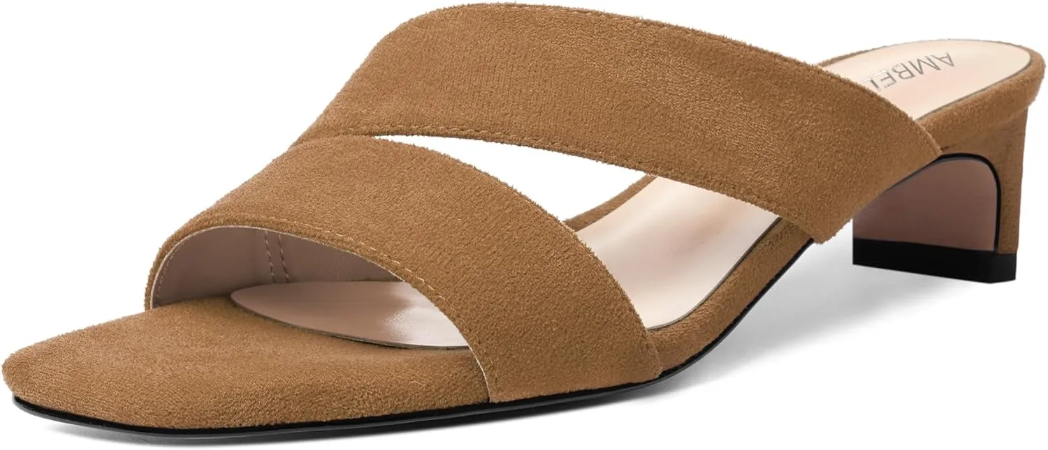AMBELIGHT Womens Solid Slip On Suede Square Toe Indoor Fashion Chunky Low Heel Sandals 1.5 Inch