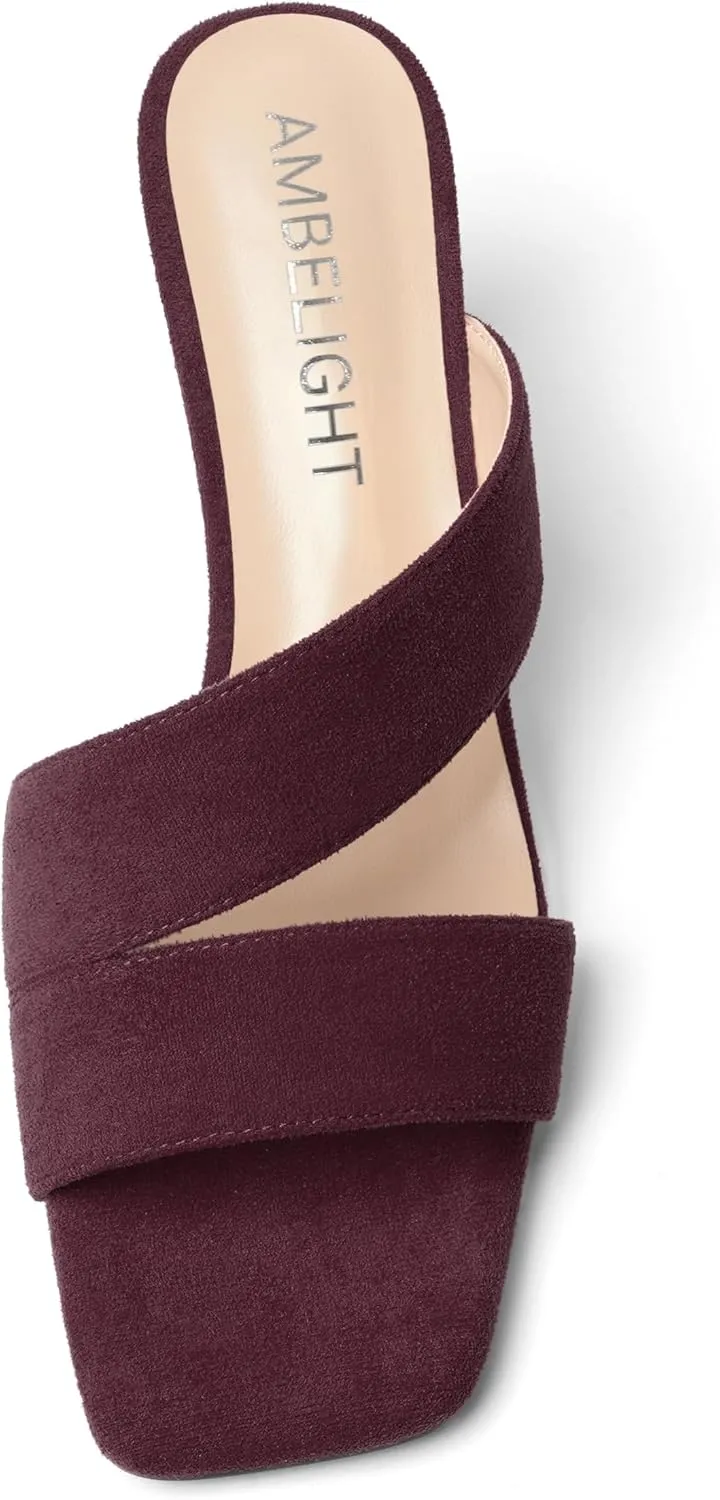 AMBELIGHT Womens Solid Slip On Suede Square Toe Indoor Fashion Chunky Low Heel Sandals 1.5 Inch