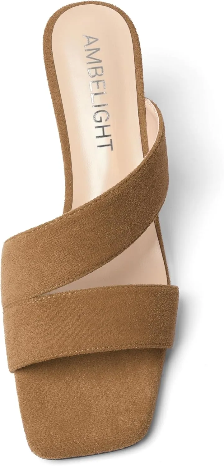 AMBELIGHT Womens Solid Slip On Suede Square Toe Indoor Fashion Chunky Low Heel Sandals 1.5 Inch