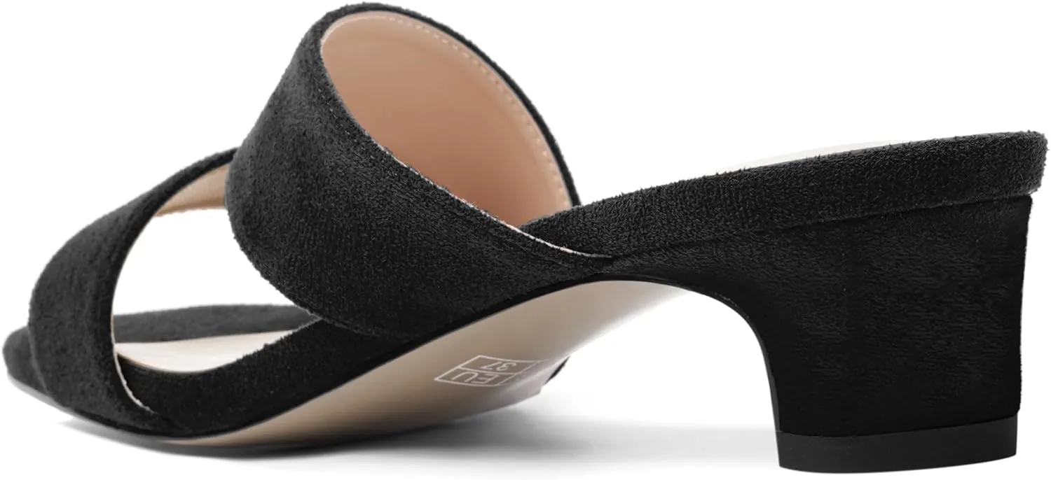 AMBELIGHT Womens Solid Slip On Suede Square Toe Indoor Fashion Chunky Low Heel Sandals 1.5 Inch