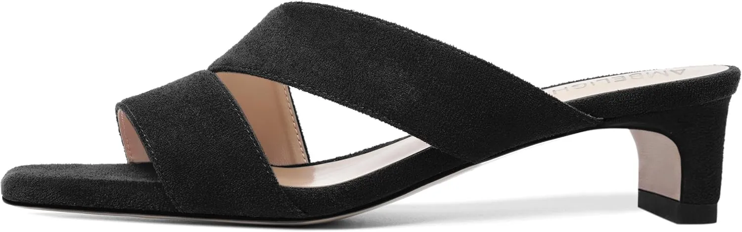 AMBELIGHT Womens Solid Slip On Suede Square Toe Indoor Fashion Chunky Low Heel Sandals 1.5 Inch