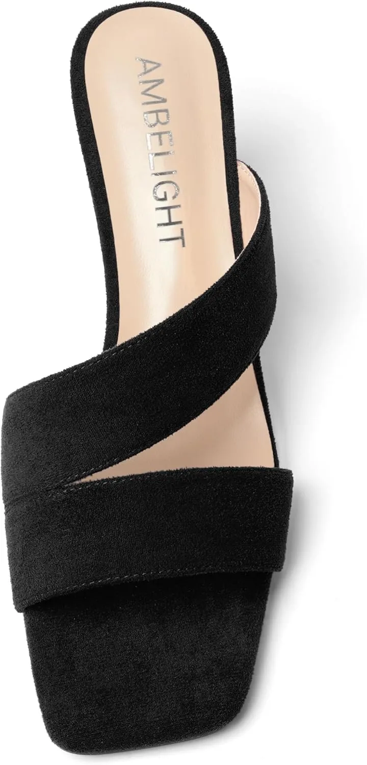 AMBELIGHT Womens Solid Slip On Suede Square Toe Indoor Fashion Chunky Low Heel Sandals 1.5 Inch