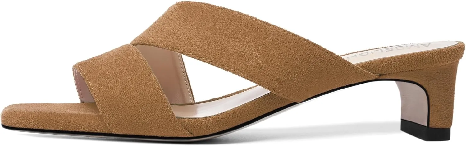 AMBELIGHT Womens Solid Slip On Suede Square Toe Indoor Fashion Chunky Low Heel Sandals 1.5 Inch