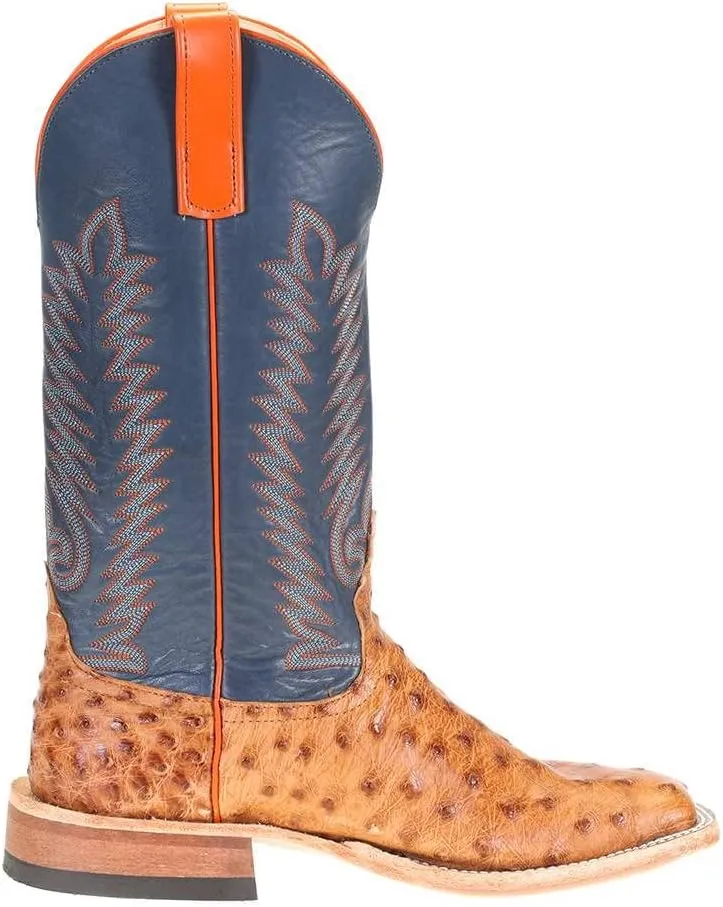 Anderson Bean Mens Brandy Bruchiato Full Quill Ostrich 13in Burnished Navy Calf Top Boots Brandy Bruchiato