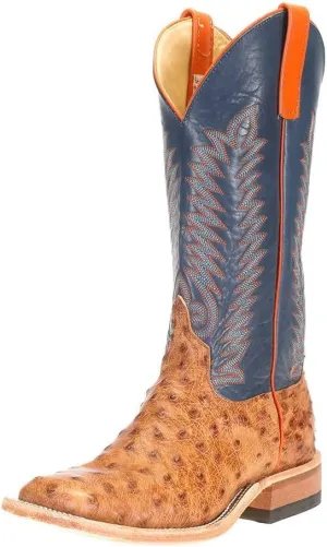 Anderson Bean Mens Brandy Bruchiato Full Quill Ostrich 13in Burnished Navy Calf Top Boots Brandy Bruchiato