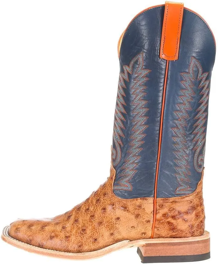 Anderson Bean Mens Brandy Bruchiato Full Quill Ostrich 13in Burnished Navy Calf Top Boots Brandy Bruchiato