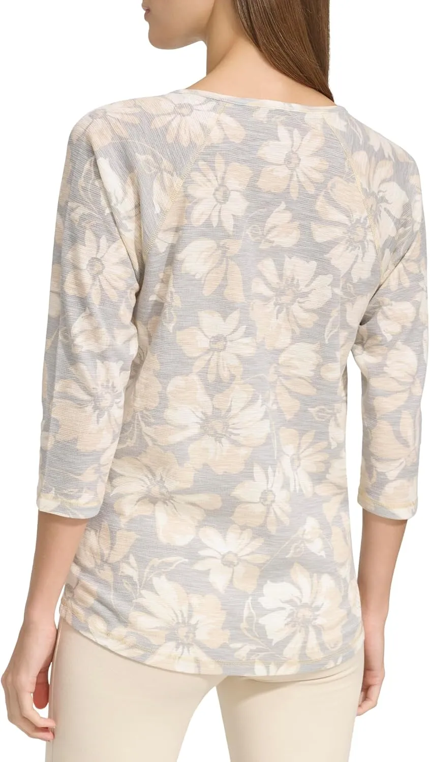 Andrew Marc Women's 3/4 Sleeve Split Neck Boxy Waffle Knit T-Shirt