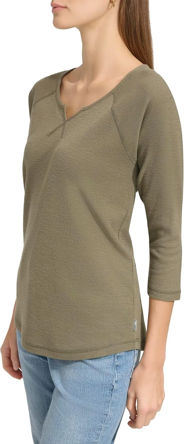 Andrew Marc Women's 3/4 Sleeve Split Neck Boxy Waffle Knit T-Shirt