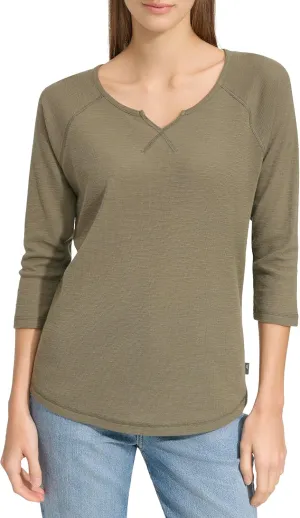 Andrew Marc Women's 3/4 Sleeve Split Neck Boxy Waffle Knit T-Shirt