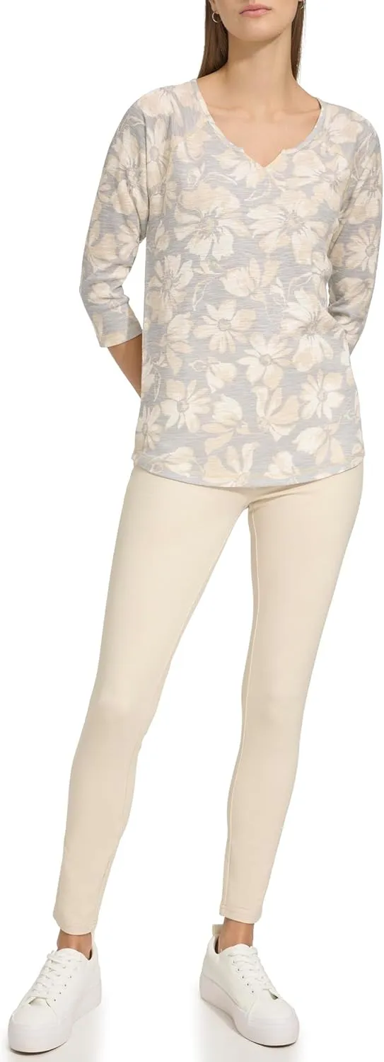 Andrew Marc Women's 3/4 Sleeve Split Neck Boxy Waffle Knit T-Shirt