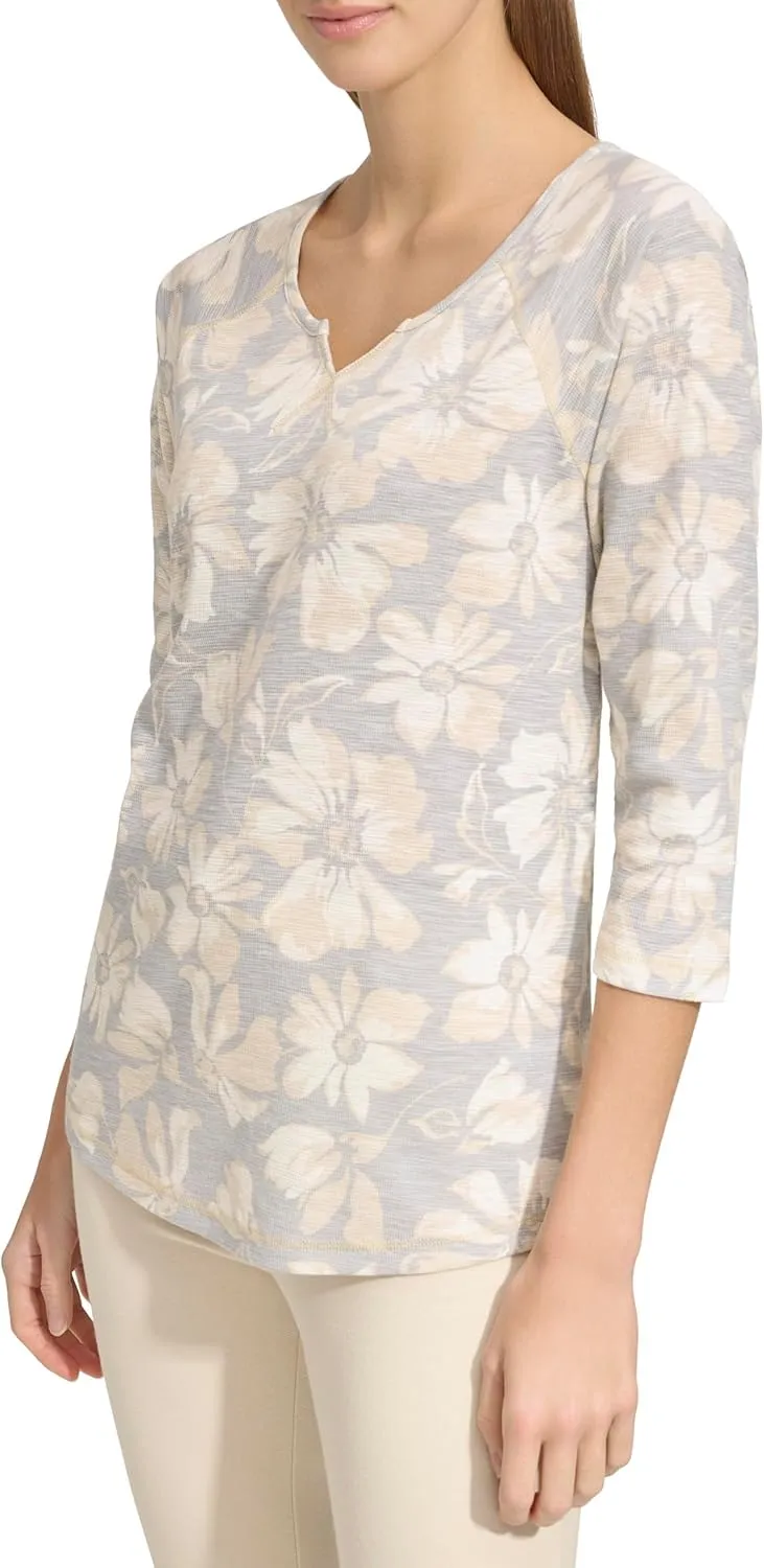 Andrew Marc Women's 3/4 Sleeve Split Neck Boxy Waffle Knit T-Shirt