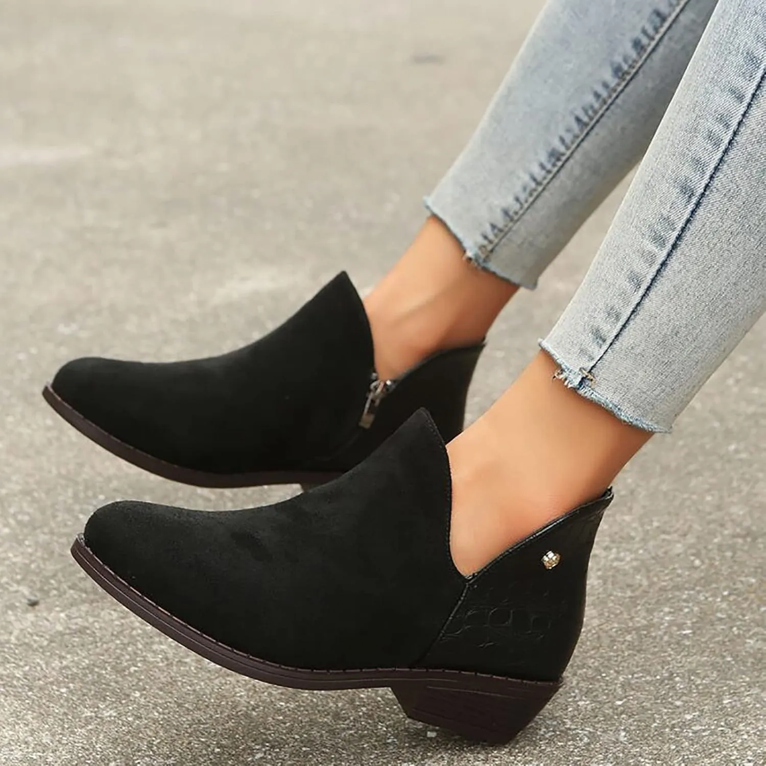 Ankle Booties for Women Low Heel,Rhinestone Ankle Booties Comfy Short Boots Chunky Block Western Shoes