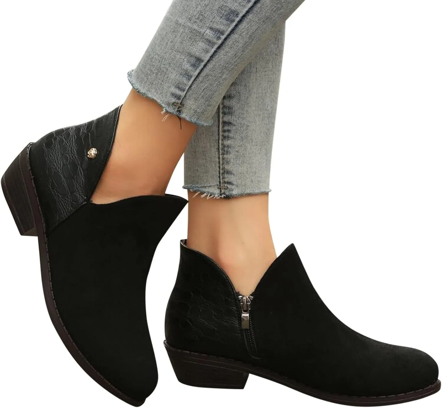 Ankle Booties for Women Low Heel,Rhinestone Ankle Booties Comfy Short Boots Chunky Block Western Shoes