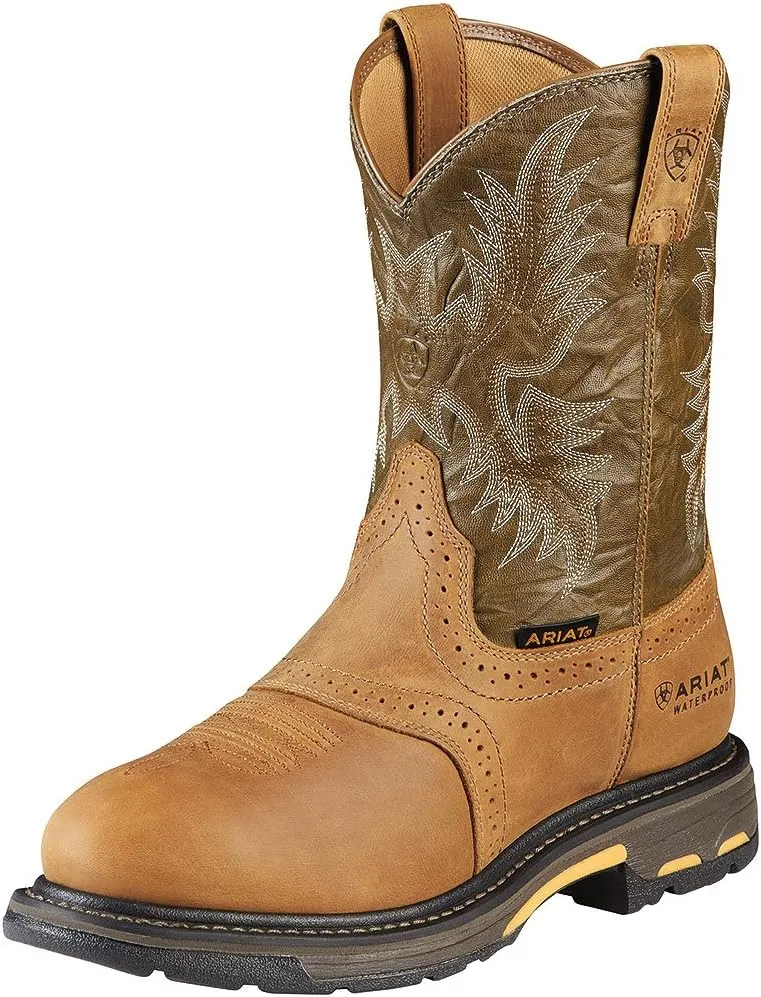 ARIAT BMVY9 Mens WorkHog Waterproof Composite Toe Work Boot Aged Bark/Army Green 12 Narrow